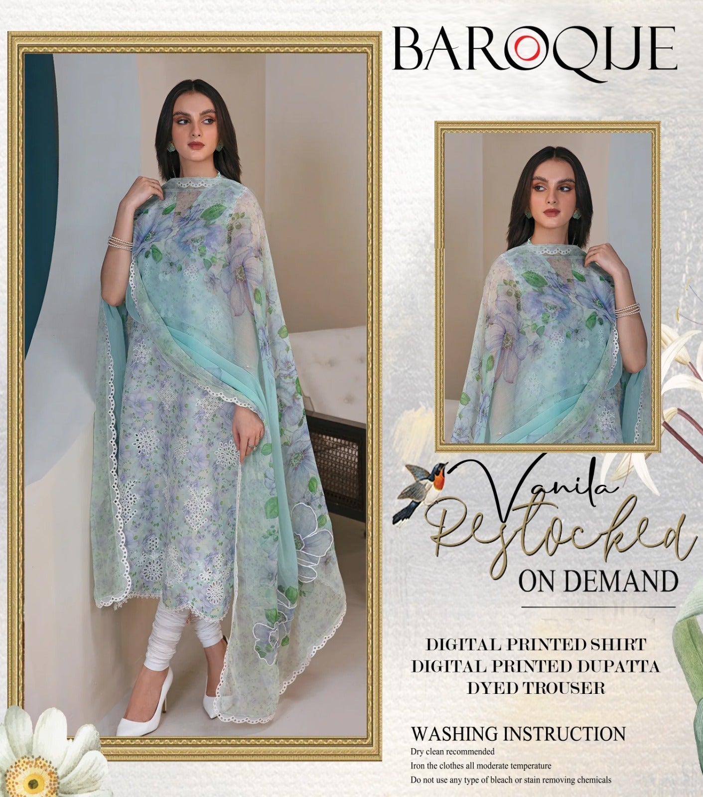 BAROQUE – Vanilla Digital Printed Lawn Chikankari Suit with Chiffon Dupatta