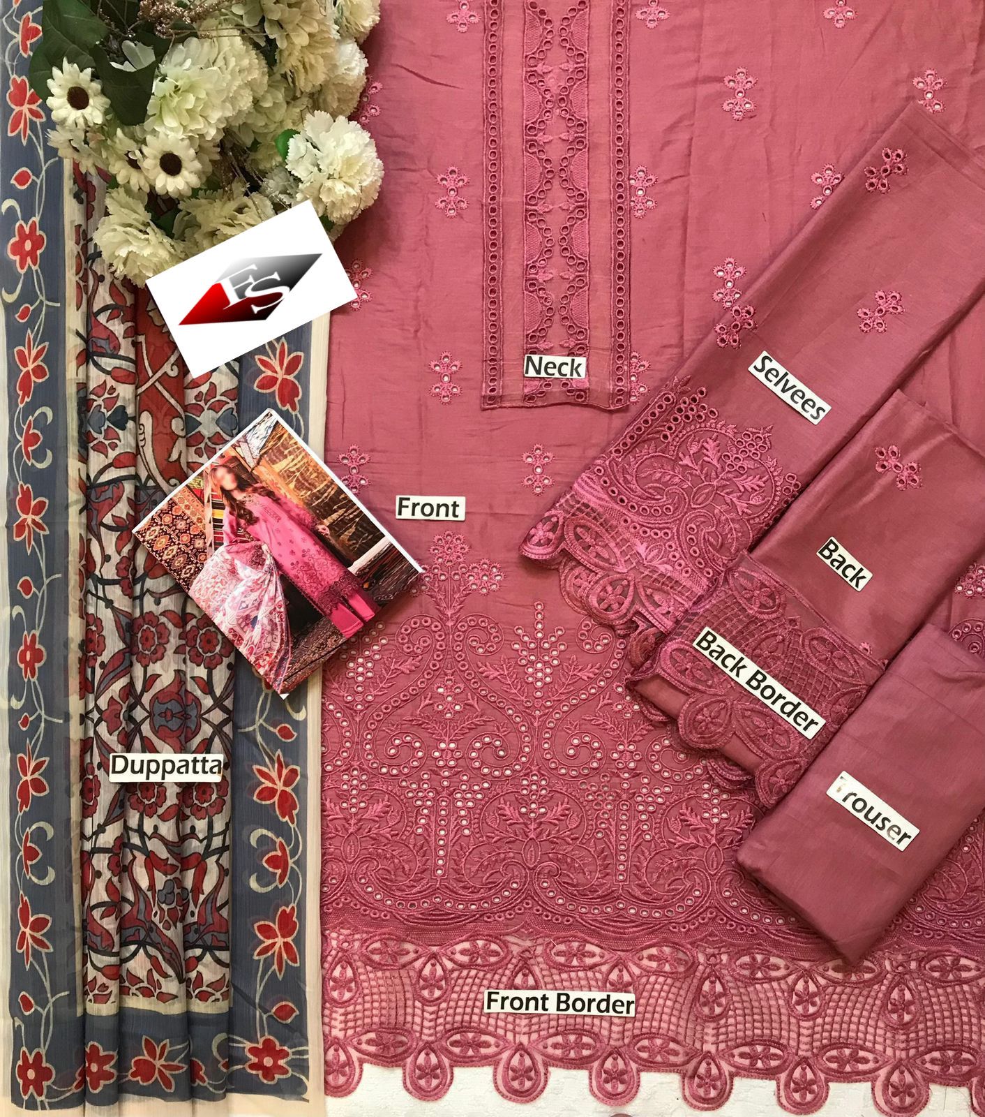 Luxury 3PC Embroidered Lawn Suit with Silk Dupatta (Pink)
