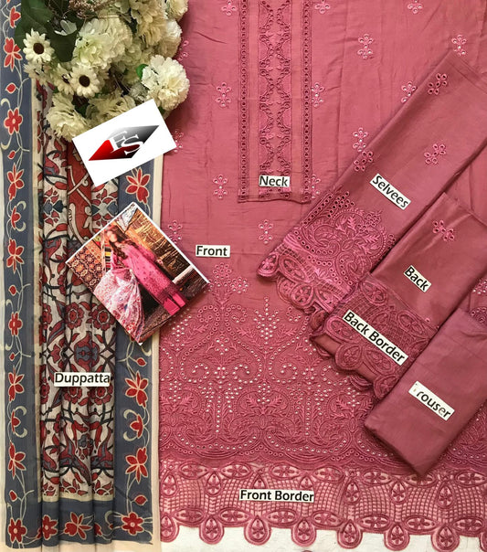 Luxury 3PC Embroidered Lawn Suit with Silk Dupatta (Pink)