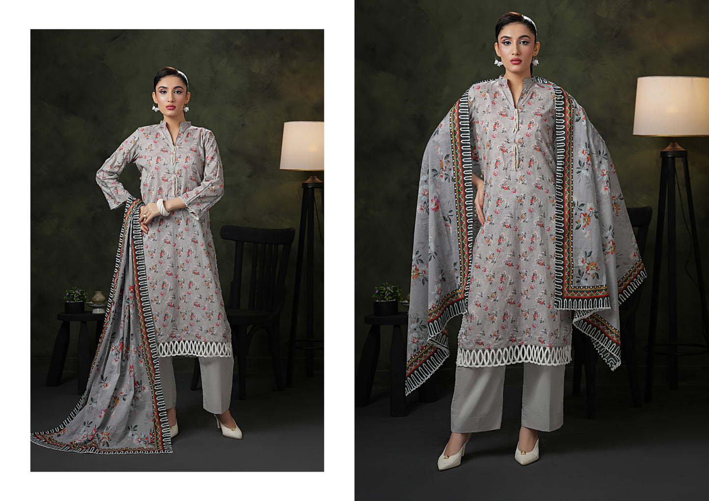 Rose & Vogue Luxury Doria Cotton 3PC Suit with Fancy Embroidered Dupatta