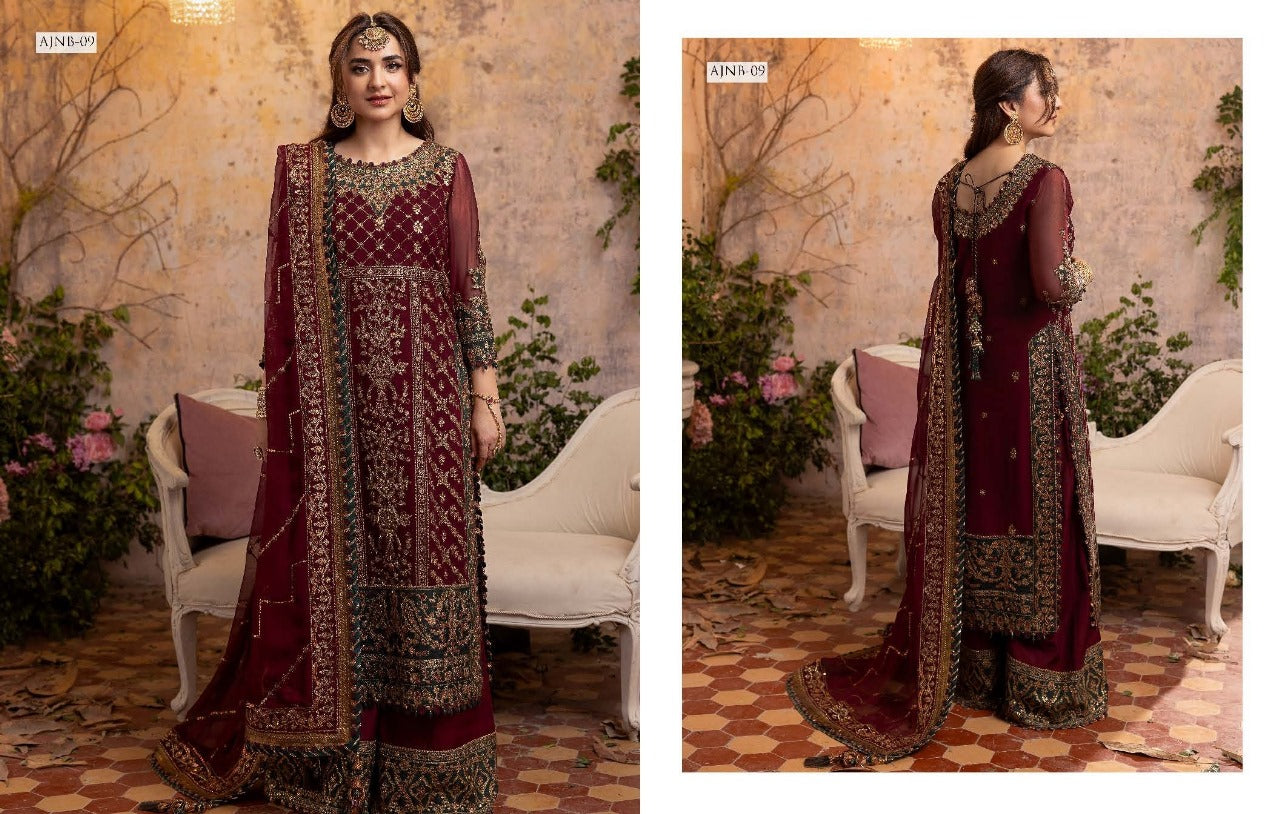 Asim Jofa Wedding Collection – Luxury 3PC Unstitched Chiffon Dress (Maroon | Embroidered | Handwork)