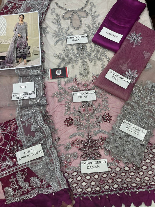 Luxury Net Embroidered 3-Piece Suit with Silk Trouser & Dupatta