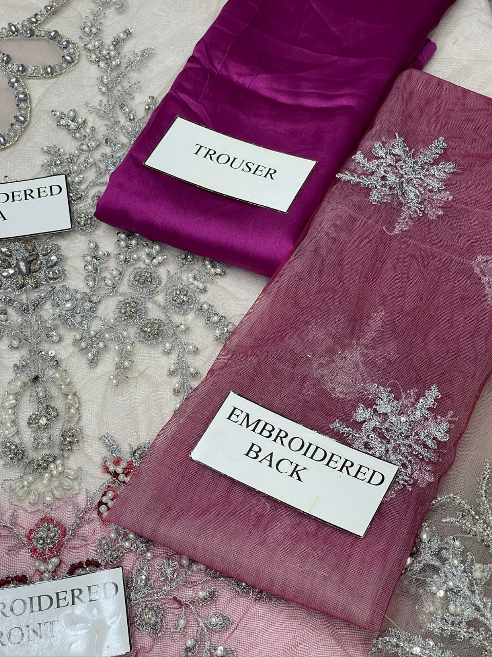 Luxury Net Embroidered 3-Piece Suit with Silk Trouser & Dupatta