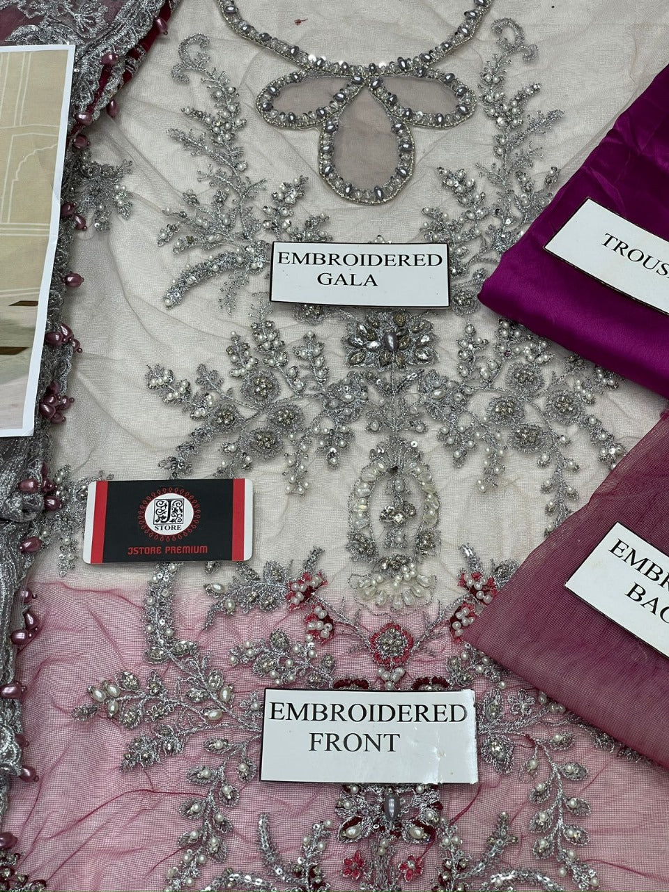 Luxury Net Embroidered 3-Piece Suit with Silk Trouser & Dupatta