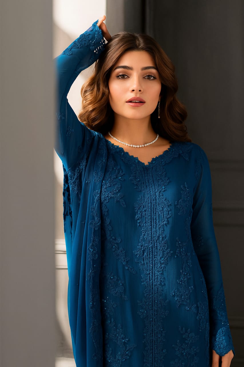 Azure Chiffon | Luxury Embroidered 3PC Chiffon Suit with Silk Trouser & Embroidered Dupatta