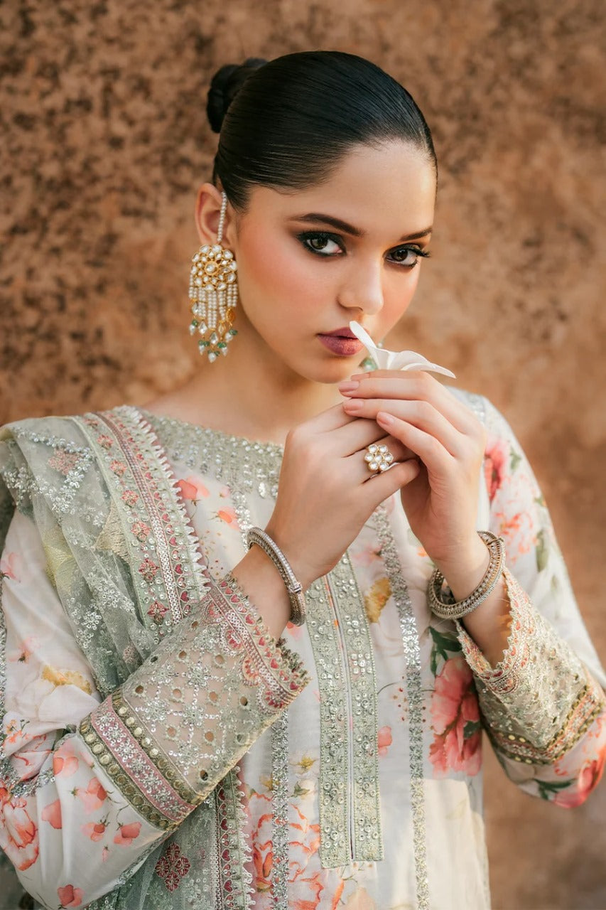 Jazmine  Embroidered Lawn Suit 3pc with Heavy Net Dupatta (Pista)