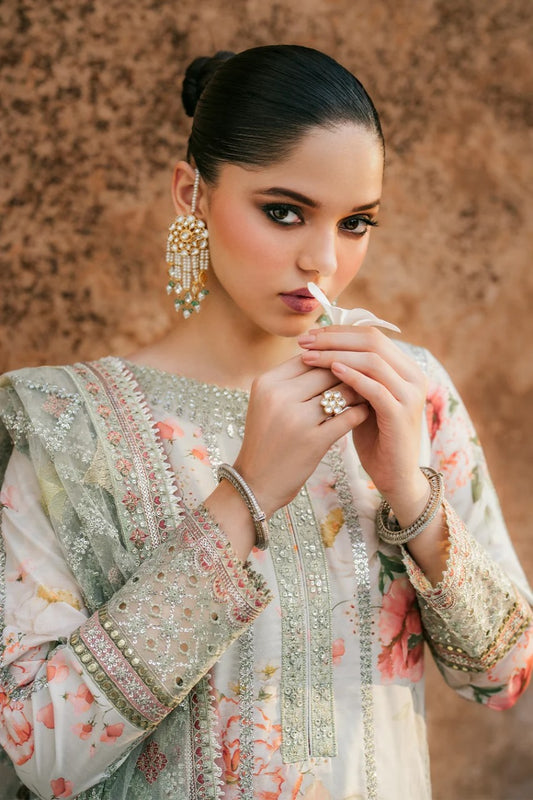 Jazmine  Embroidered Lawn Suit 3pc with Heavy Net Dupatta (Pista)