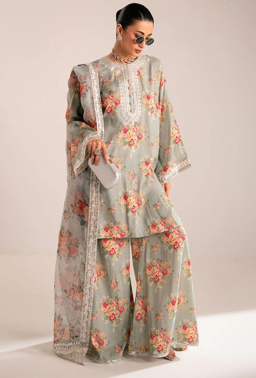 Cross Stitch Digital Printed Jacquard Silk – 3PC Lawn Embroidered Suit