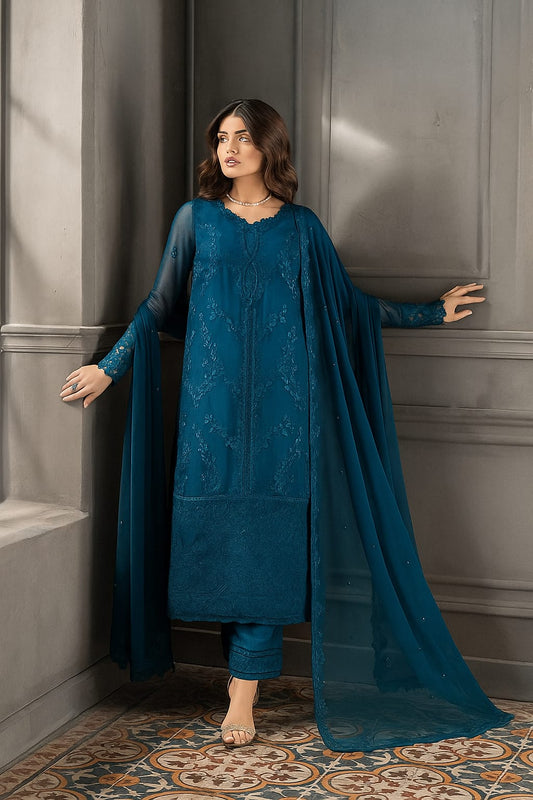 Azure Chiffon | Luxury Embroidered 3PC Chiffon Suit with Silk Trouser & Embroidered Dupatta