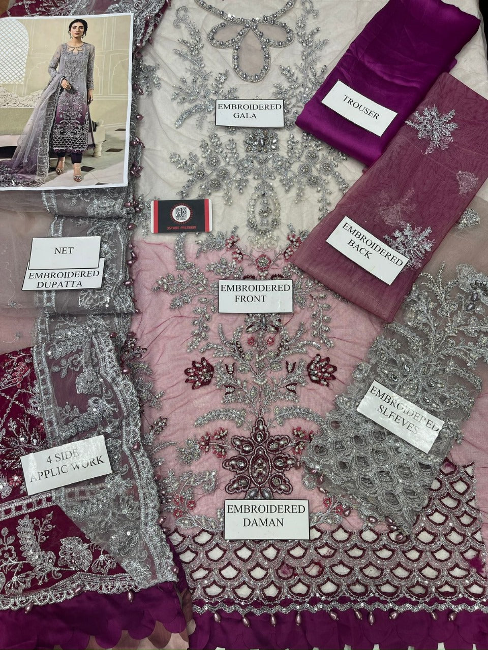 Luxury Net Embroidered 3-Piece Suit with Silk Trouser & Dupatta