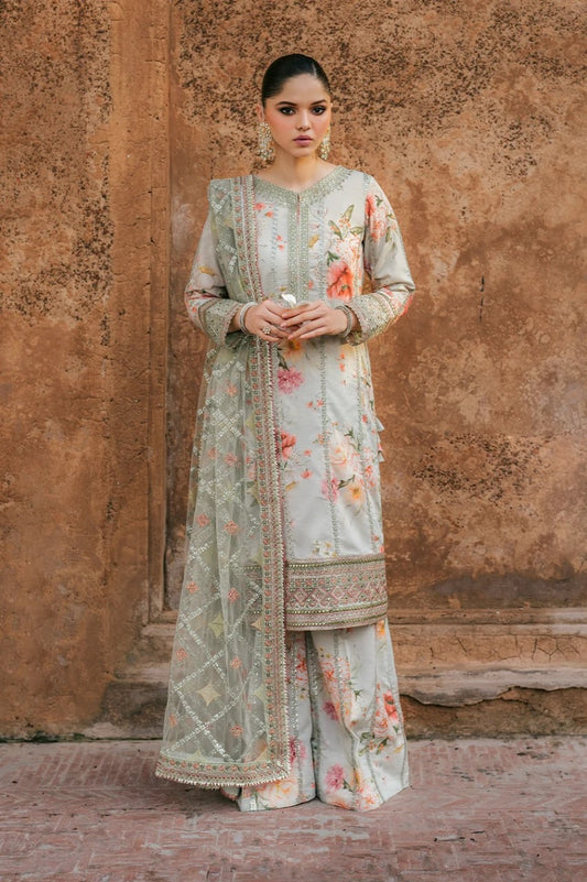 Jazmine  Embroidered Lawn Suit 3pc with Heavy Net Dupatta (Pista)