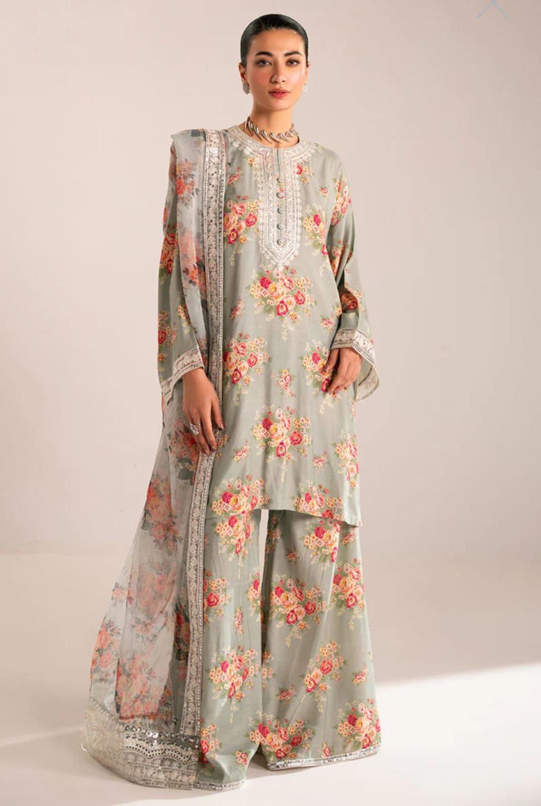 Cross Stitch Digital Printed Jacquard Silk – 3PC Lawn Embroidered Suit