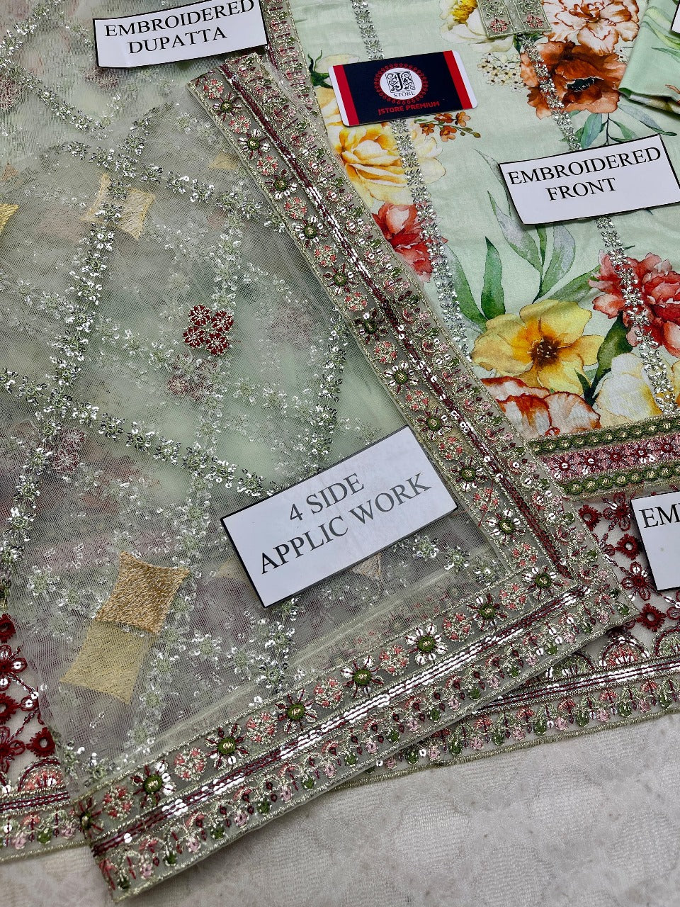 Jazmine  Embroidered Lawn Suit 3pc with Heavy Net Dupatta (Pista)