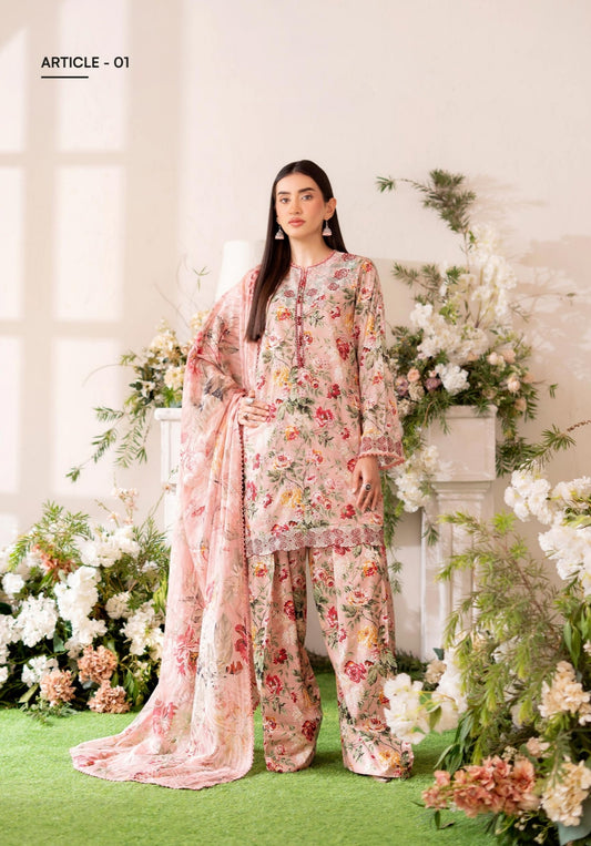 3PC Digital Printed Embroidered Lawn Suit with Fancy Dupatta (Enchanted Bloom)