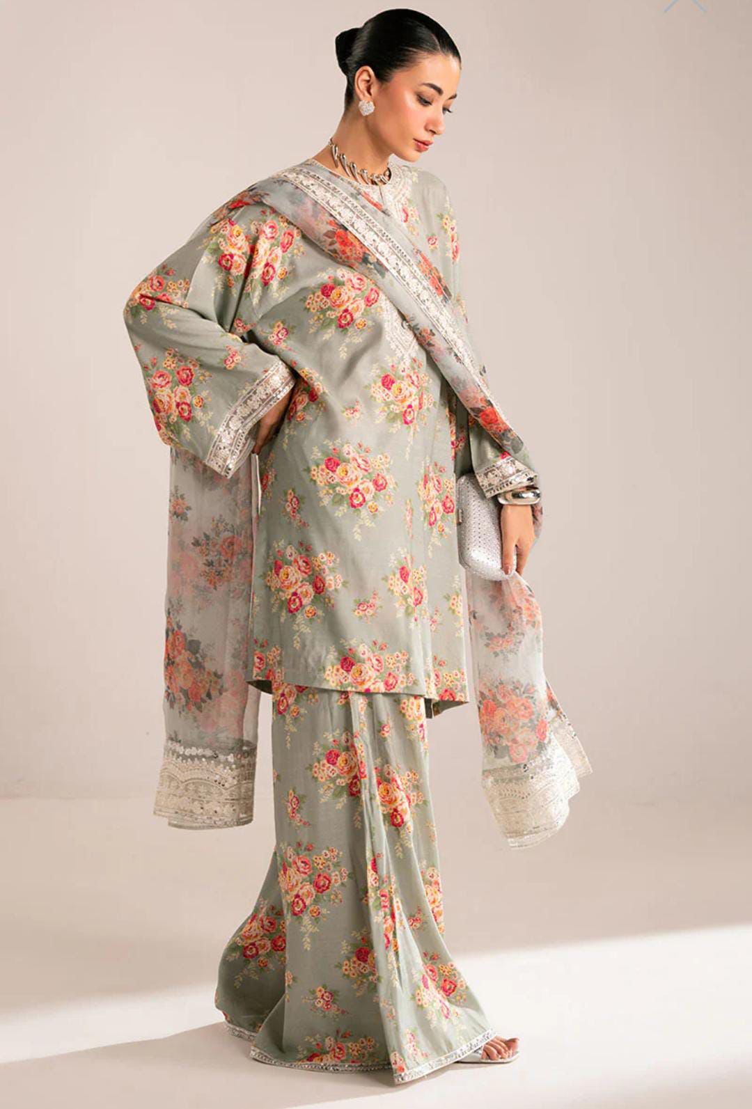 Cross Stitch Digital Printed Jacquard Silk – 3PC Lawn Embroidered Suit