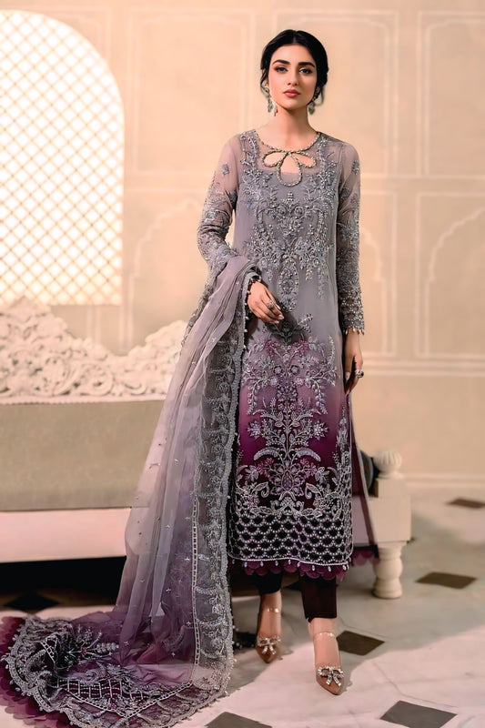 Luxury Net Embroidered 3-Piece Suit with Silk Trouser & Dupatta