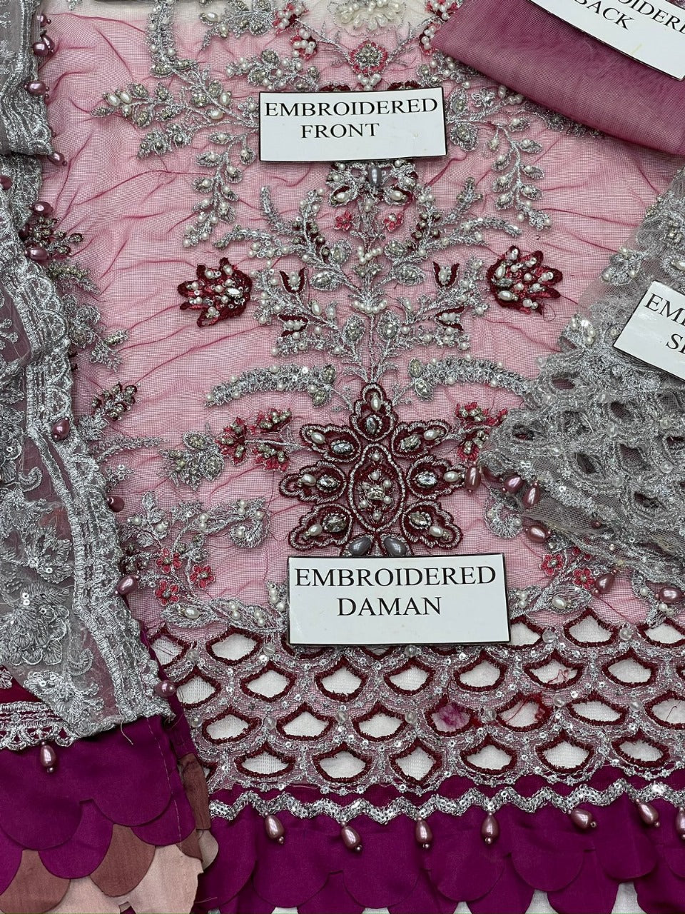 Luxury Net Embroidered 3-Piece Suit with Silk Trouser & Dupatta