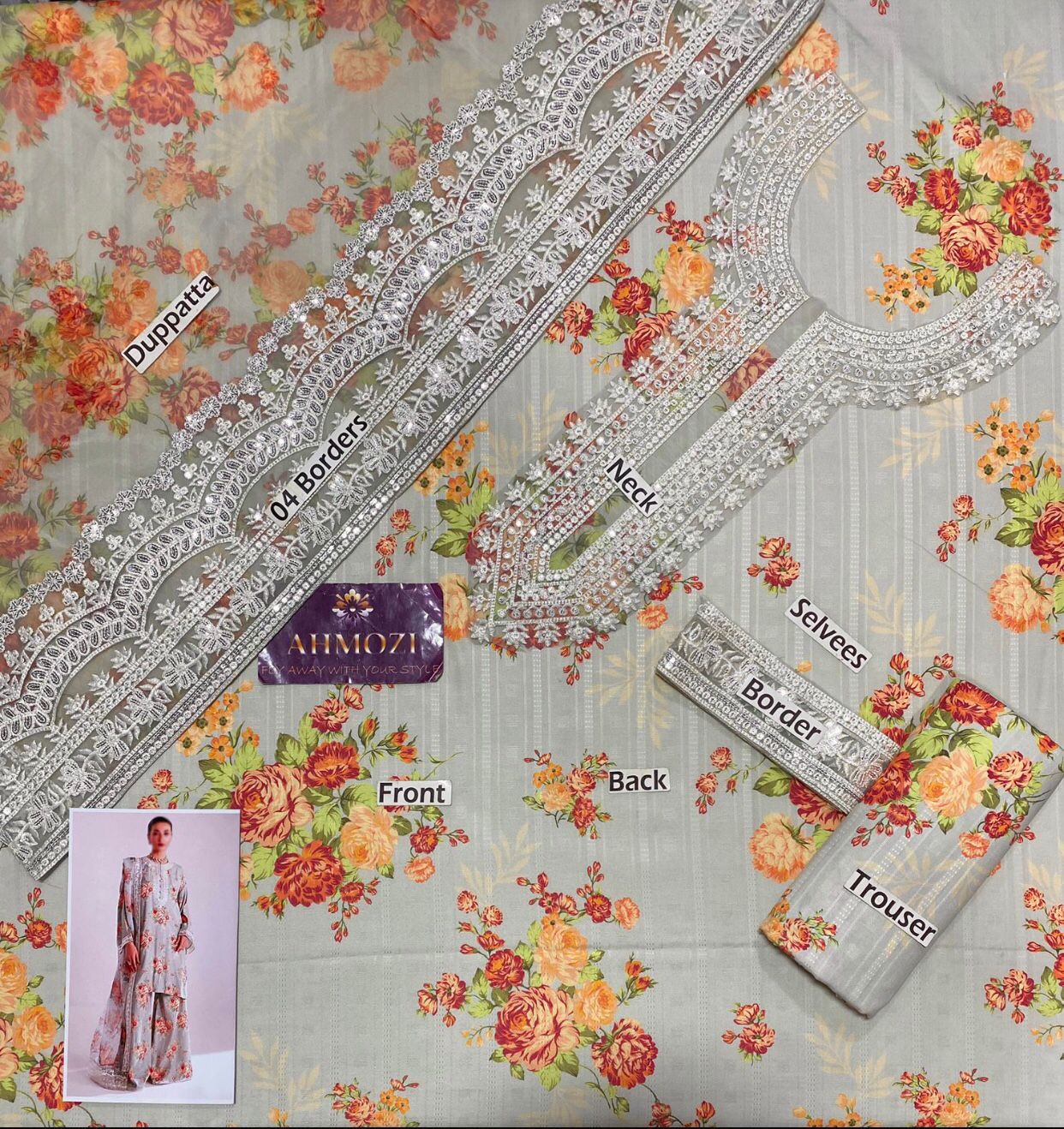 Cross Stitch Digital Printed Jacquard Silk – 3PC Lawn Embroidered Suit