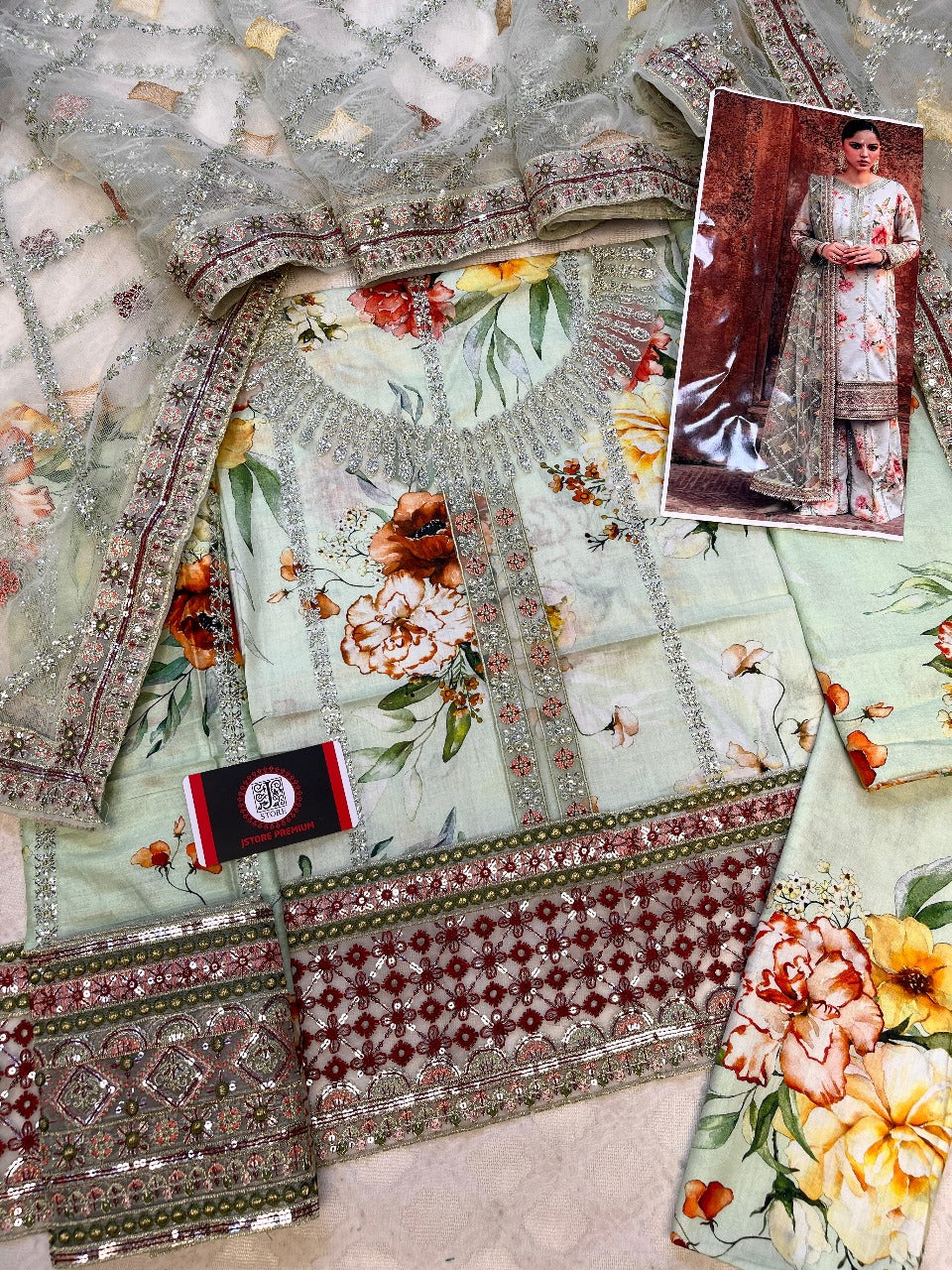 Jazmine  Embroidered Lawn Suit 3pc with Heavy Net Dupatta (Pista)
