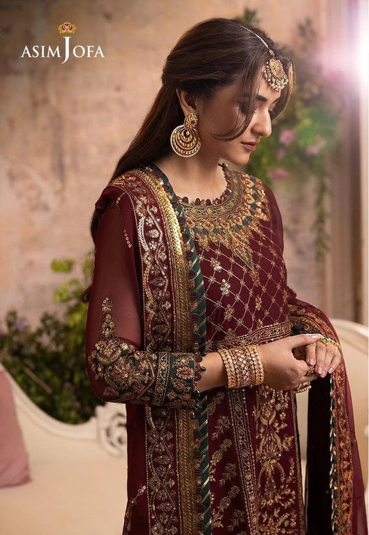 Asim Jofa Wedding Collection – Luxury 3PC Unstitched Chiffon Dress (Maroon | Embroidered | Handwork)