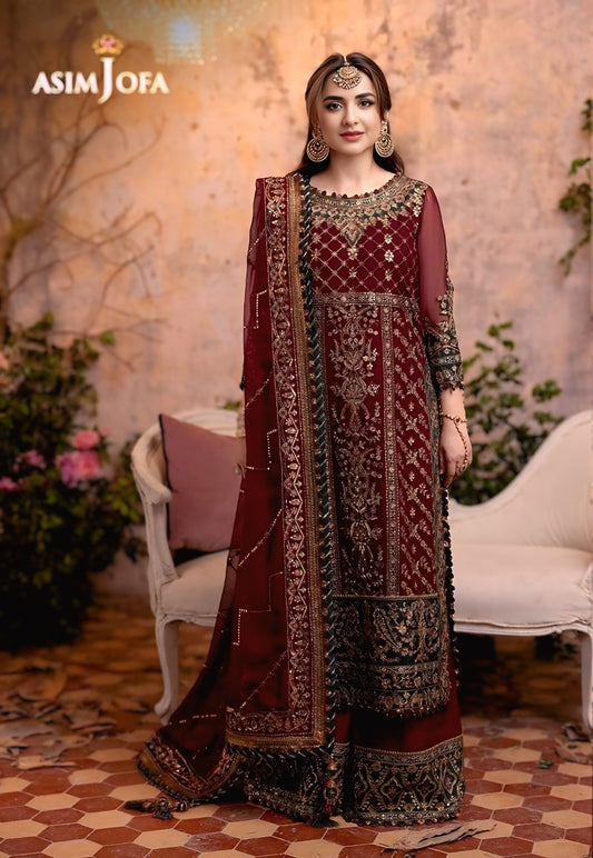Asim Jofa Wedding Collection – Luxury 3PC Unstitched Chiffon Dress (Maroon | Embroidered | Handwork)