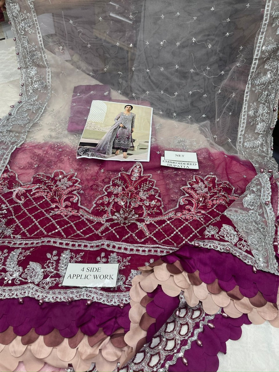 Luxury Net Embroidered 3-Piece Suit with Silk Trouser & Dupatta